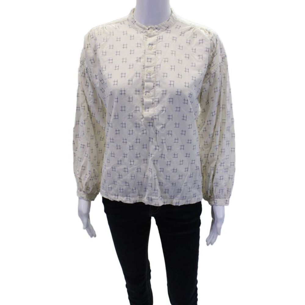 Uqnatu Womens Cotton Geometric Printed V-Neck 3/4 Sleeve Blouse White Size XS